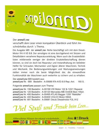 VEB IFA Diesel LKW Lastkraftwagen Motor Typ 4 VD 8.8 Bild- Reparaturanleitung - annoligno 689